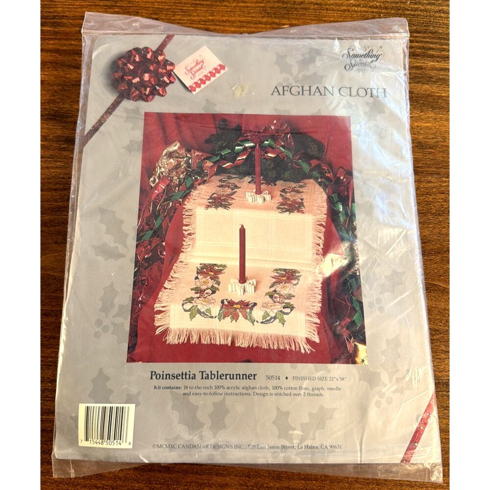 Something Special Poinsettia Table Runner Afghan Cloth Cross Stitch Kit~NIP~1990